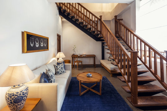 Interior design: wooden stairs in Big modern Bedroom in luxury hotel