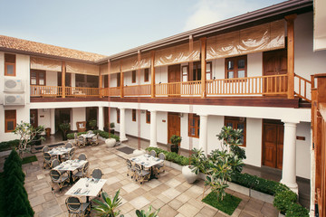 Interior of beautiful yard with restaurant  outdoor in luxury tropical hotel in Sri Lanka