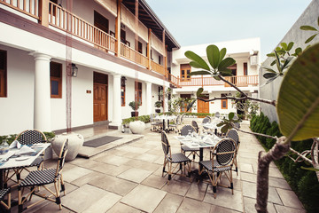 Interior of beautiful yard with restaurant  outdoor in luxury tropical hotel in Sri Lanka