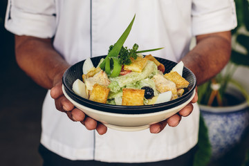 Caesar chicken salad in cook hands