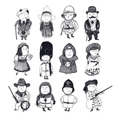 8746633 Picture of twenty tiny people in historical and traditional  costumes Hand drawing isolated objects