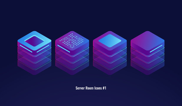 Set of server room icons, 3d database and datacenter concept, lighting technology object, element for design ultraviolet neon dark isometric vector