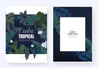 Floral invitation card template design, tropical plants and blue Nemophila flowers on dark blue background