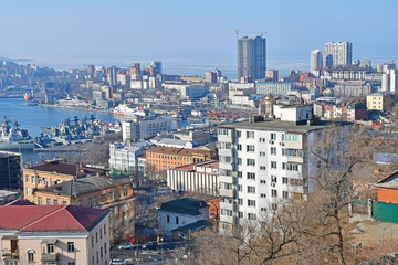 Winter in Russia. The architecture of the center of Vladivostok city