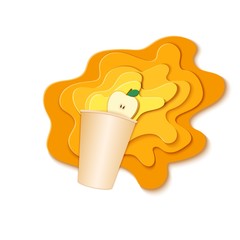 Paper cup with splash pouring juice. Bursts of apple juice in layers spread over the white background and a piece of juicy friut in paper style. Vector illustration origami art.