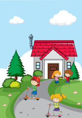 Children in front of house