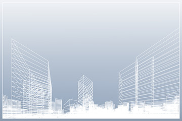 Abstract wireframe city background. Perspective 3D render of building wireframe.