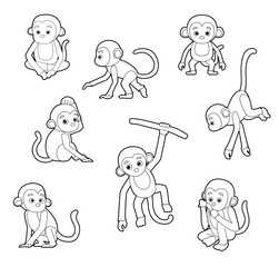 Monkey Poses Monochrome Cartoon Vector Illustration