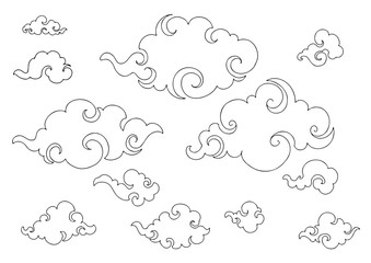 Fototapeta premium Chinese Cloud or Japanese cloud or Orientate cloud low detail illustration sketch doodle drawing clip art set with white background 
