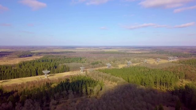 Drone Shot of The Westerbork Synthesis Radio Telescope (WSRT). An aperture synthesis interferometer consisting of a linear array of 14 antennas