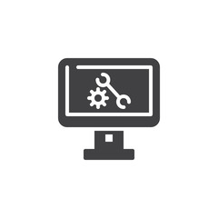Computer settings vector icon. filled flat sign for mobile concept and web design. PC monitor with gear and wrench simple solid icon. Symbol, logo illustration. Pixel perfect vector graphics