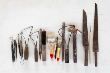 Sculpture tools. Art and craft tools on a white background.