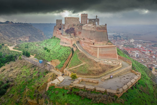 Aerial view of Monzon fortress a former Templer knight castle with Arab origins  in the Aragon region of Spain