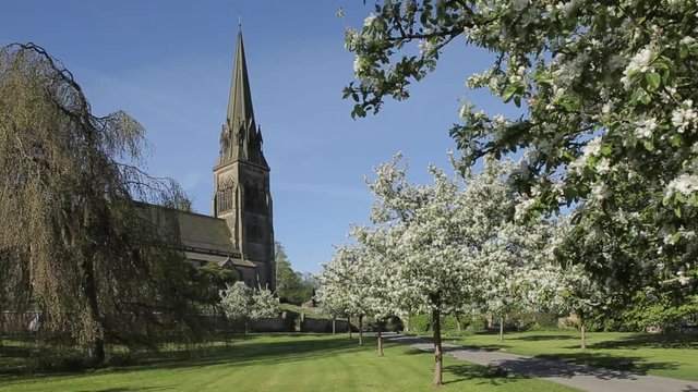 Edensor Village Church & Blossom, Chatsworth Estate, Derbyshire, England, UK, Europe 