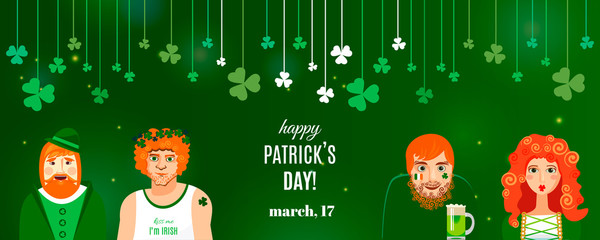 Concept shamrock banner template for St. Patrick's day design. White lettering logo, clover on strings and Irish characters on green background: funny redhead modern Irishmen drinking in pub. Vector