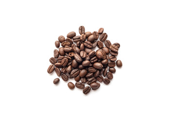 Roasted coffee beans isolated on white background. Close-up.