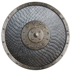 Round rustic metal shield covered by scales isolated 3d illustration
