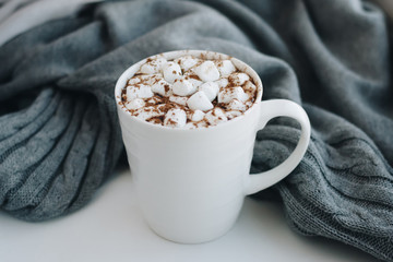 Cocoa with marshmallows on a cozy gray background