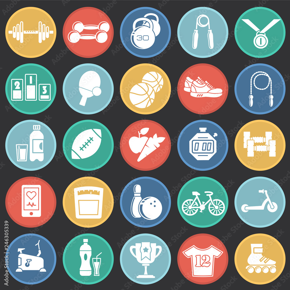 Poster healthy life icons set on color circles black background for graphic and web design, modern simple v