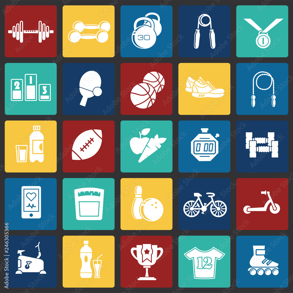 Poster healthy life icons set on color squares background for graphic and web design, modern simple vector 
