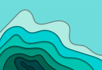 Abstract background with blue shapes cut from paper. It looks like sea waves. 3D abstract paper art style, design layout for business presentations, brochure covers, flyers, posters, prints, postcards - obrazy, fototapety, plakaty