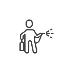 The man with insecticide spray line icon. linear style sign for mobile concept and web design. Man with bug sprayer outline vector icon. Pest control symbol, logo illustration. Pixel perfect vector 