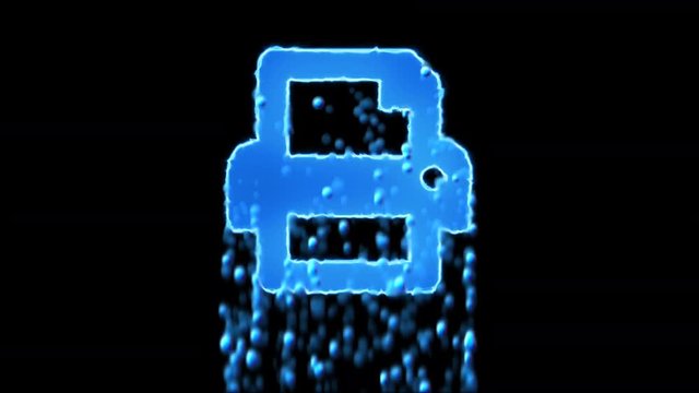 Liquid symbol print appears with water droplets. Then dissolves with drops of water. Alpha channel black