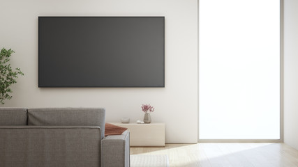 Living room of modern house with glass window and wooden floor. TV on white wall against sofa in home or villa. Hotel interior 3d illustration.
