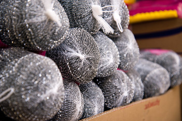 Steel wool in packing in a warehouse, wholesale sale of goods