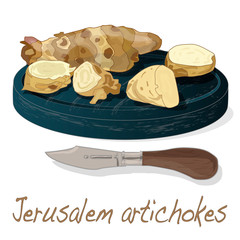 Topinambour. Jerusalem artichoke on plate vector illustration set. White background.