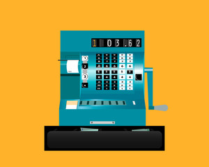 Retro cash register. Front view. Vector illustration.
