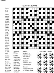 Puzzle page with two puzzles: 19x19 criss-cross word game (English language) and abstract visual puzzle. Black and white, A4 or letter sized. Answers are on separate file.