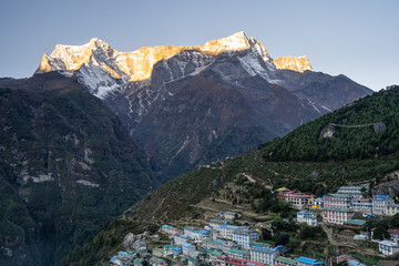 Namche Bazaar village and Kongde Ri mountain peak, Everest region, Nepal