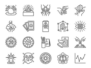 Fortune telling line icon set. Included icons as fortunes, tarot, palmistry, Chi-Chi Sticks, horoscope and more.