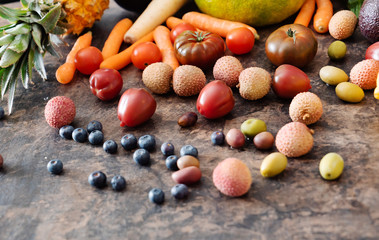 fresh fruits and vegetables on the stone table. zero waste concept