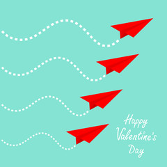 Happy Valentines Day. Six flying red origami paper plane set . Dash line in the sky. Love Greeting card. Flat design. Blue background. Isolated.