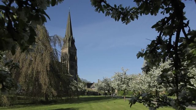 Edensor Village Church & Blossom, Chatsworth Estate, Derbyshire, England, UK, Europe 