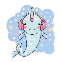 Cute Narwhal in headphones © mlanaa