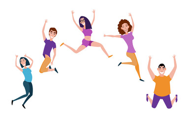 Group of young people jumping with raised hands isolated on white background. Happy positive young men and women rejoicing together. Colored  illustration in flat cartoon style