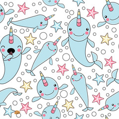 Fototapeta premium PATTERN WITH cute baby narwhal or whale unicorn