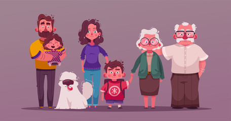 Big happy family together. Character design. Cartoon vector illustration