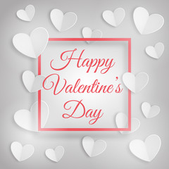 Greeting card with white hearts and a frame with inscription Happy Valentines Day