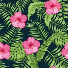 Tuinposter Tropical leaves and hibiscus seamless dark blue background © berry2046