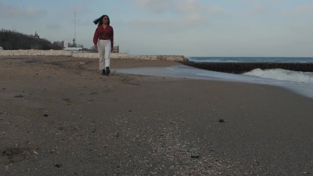 asian girl in sunglasses goes on the sandy beach near the sea