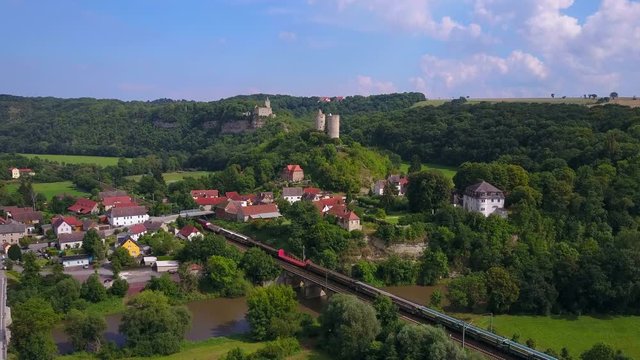 Aerial view of River Saale with Rudelsburg and Saaleck Castle, Bad K?sen-Saaleck, Saxony-Anhalt, Germany