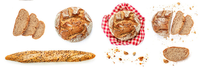 Frisch gebackenes Brot getrennt auf weißem Hintergrund. Rustikales Vollkornbrot, runde Form