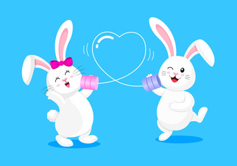 Cute cartoon bunny character, boy and girl talking on the phone. Love emotion, happy valentine's day. Illustration isolated on blue background.