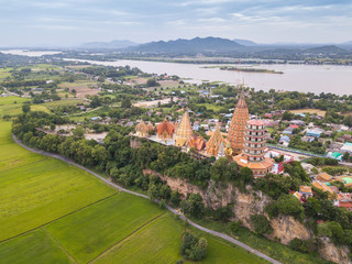 Aerial shot of Wat Tham sue or tiger cave temple in Kanchanaburi, Thailand
