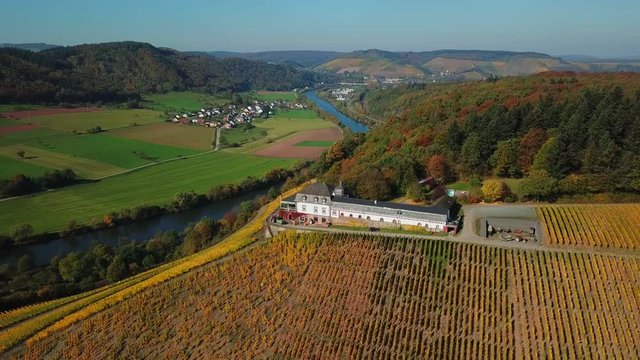 Aerial view of the vineyard estate Saarstein near Serrig, Saar River, Saar Valley near Saarburg, Rhineland-Palatinate, Germany