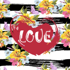 Love. Handmade art lettering on red grunge heart